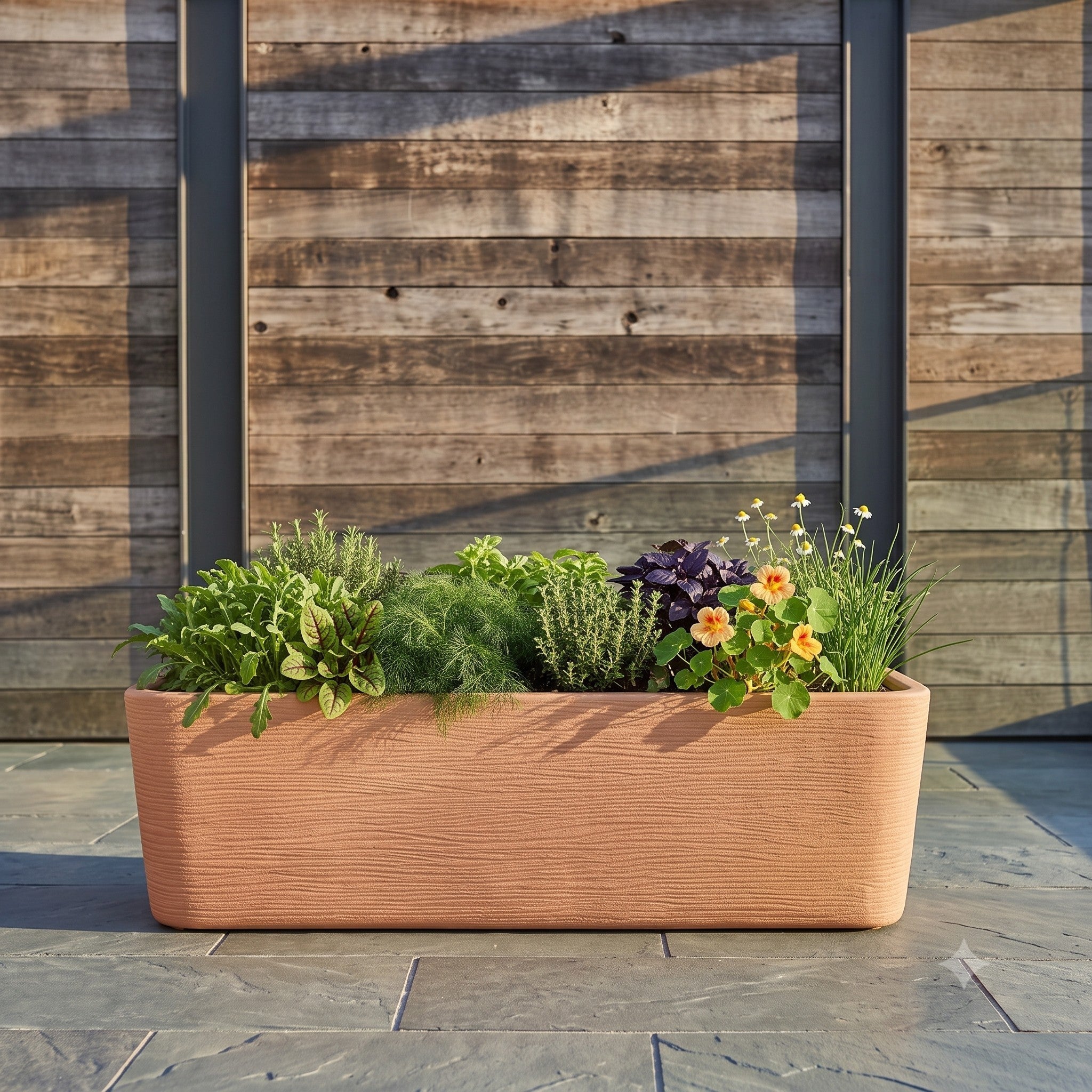 Nora 36-inch rectangular planter in a textured terracotta finish filled with a variety of fresh herbs and flowers.
