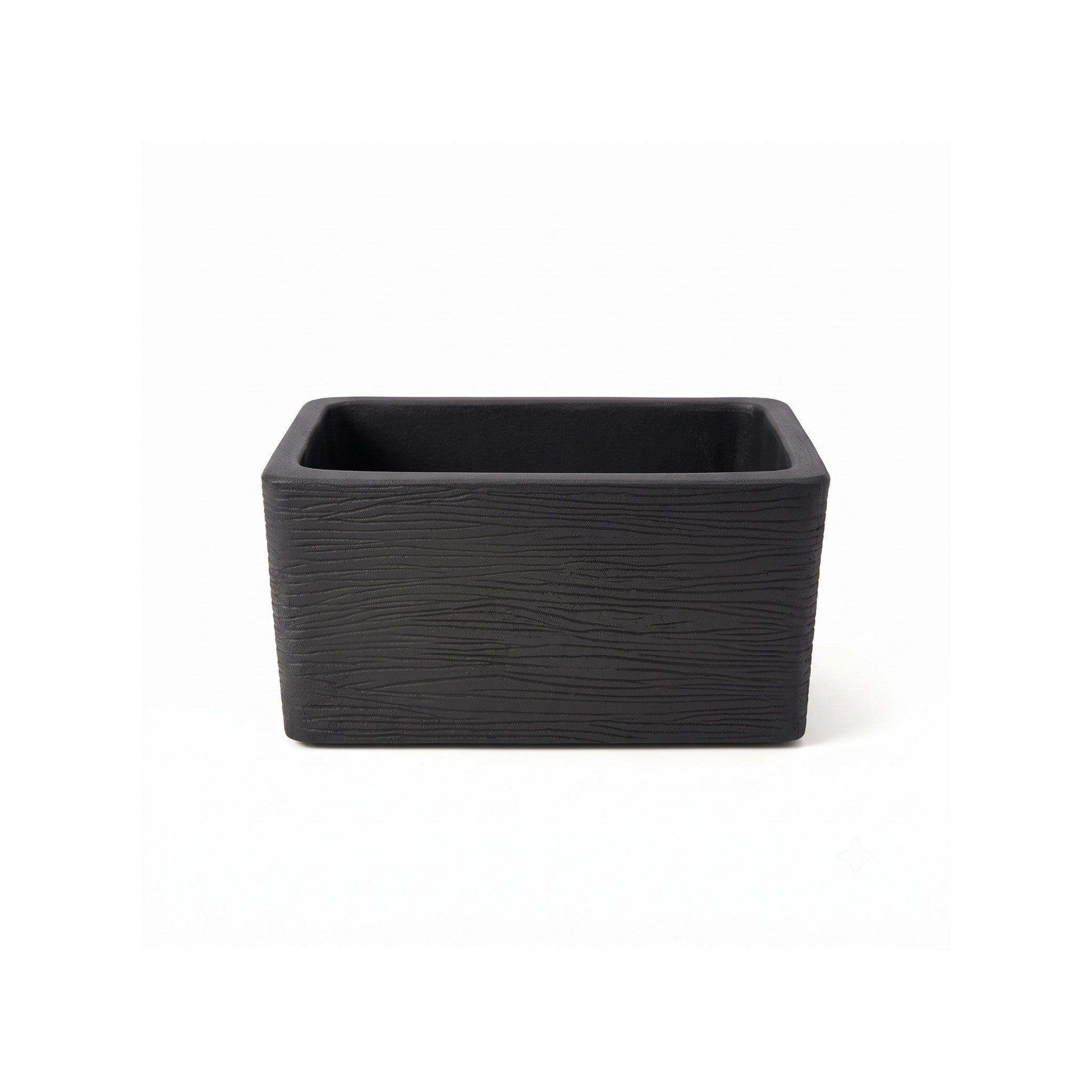 Nora 20-inch black rectangular plant pot with a textured wood-grain finish on a white background