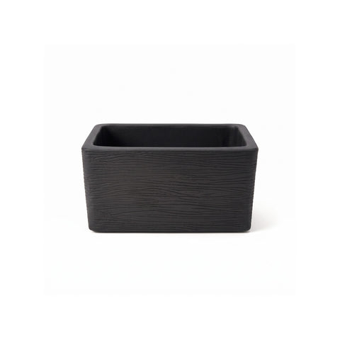Nora 20-inch black rectangular plant pot with a textured wood-grain finish on a white background