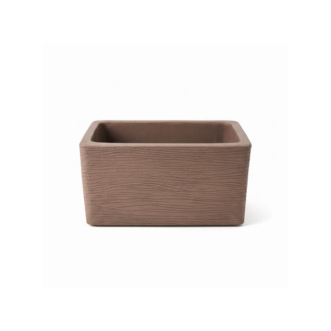 Nora 20-inch rectangular garden pot in brown with a textured wood grain finish on a white background