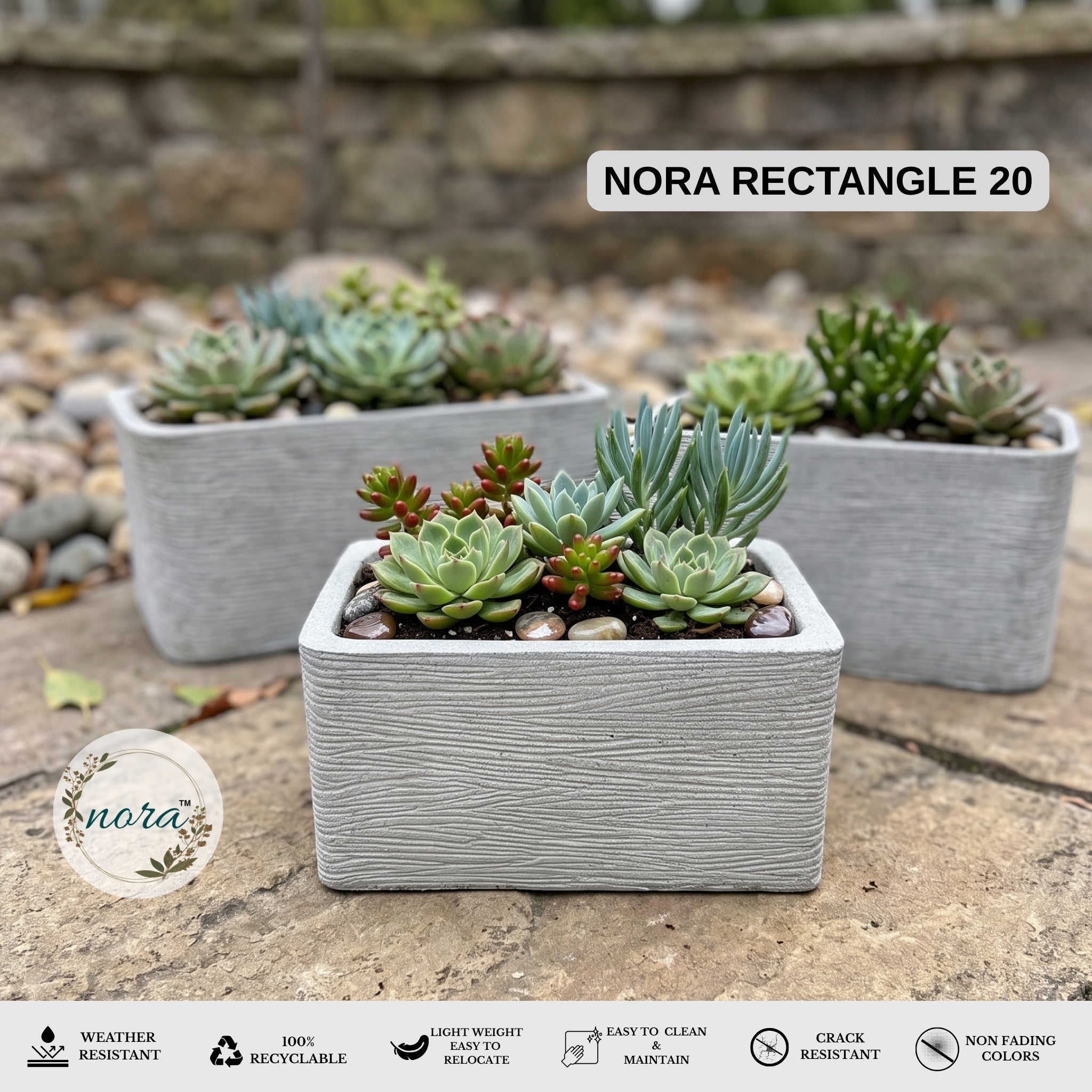 Nora 20-inch grey rectangular planter with textured wood-grain finish, holding a variety of vibrant succulents.