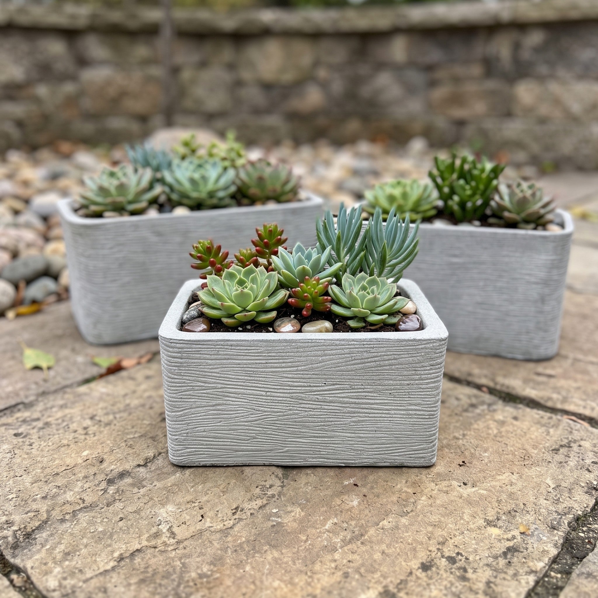 Nora 20-inch grey rectangular planters with textured wood-grain finish, filled with assorted succulent arrangements.