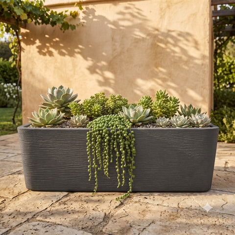 Nora 36-inch rectangular grey planter filled with a variety of green succulents on a stone patio