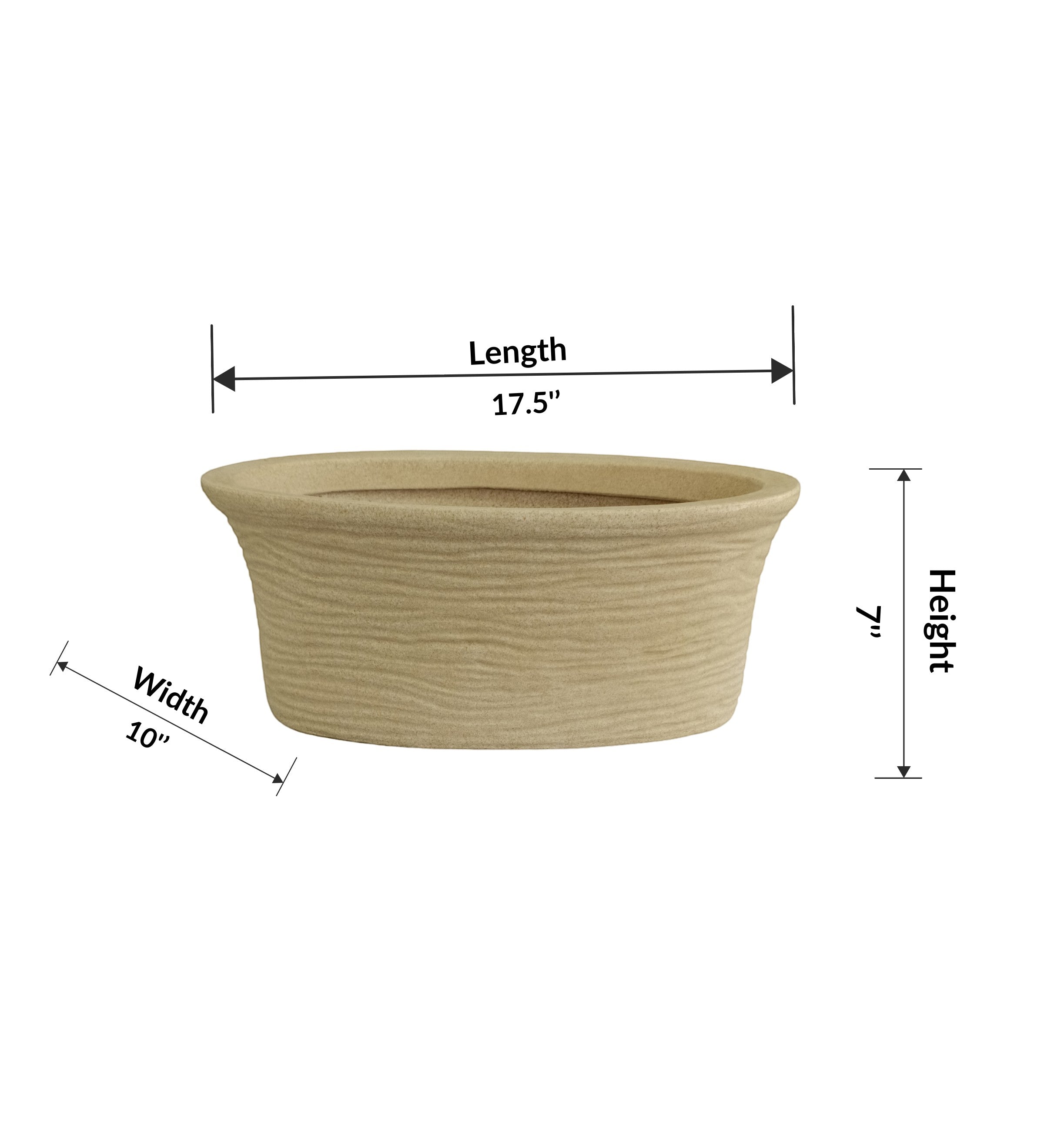 Nora Magnolia Pot in a beige textured stone finish roto molded planter pot  with a wide shallow profile for indoor or outdoor plant displays.