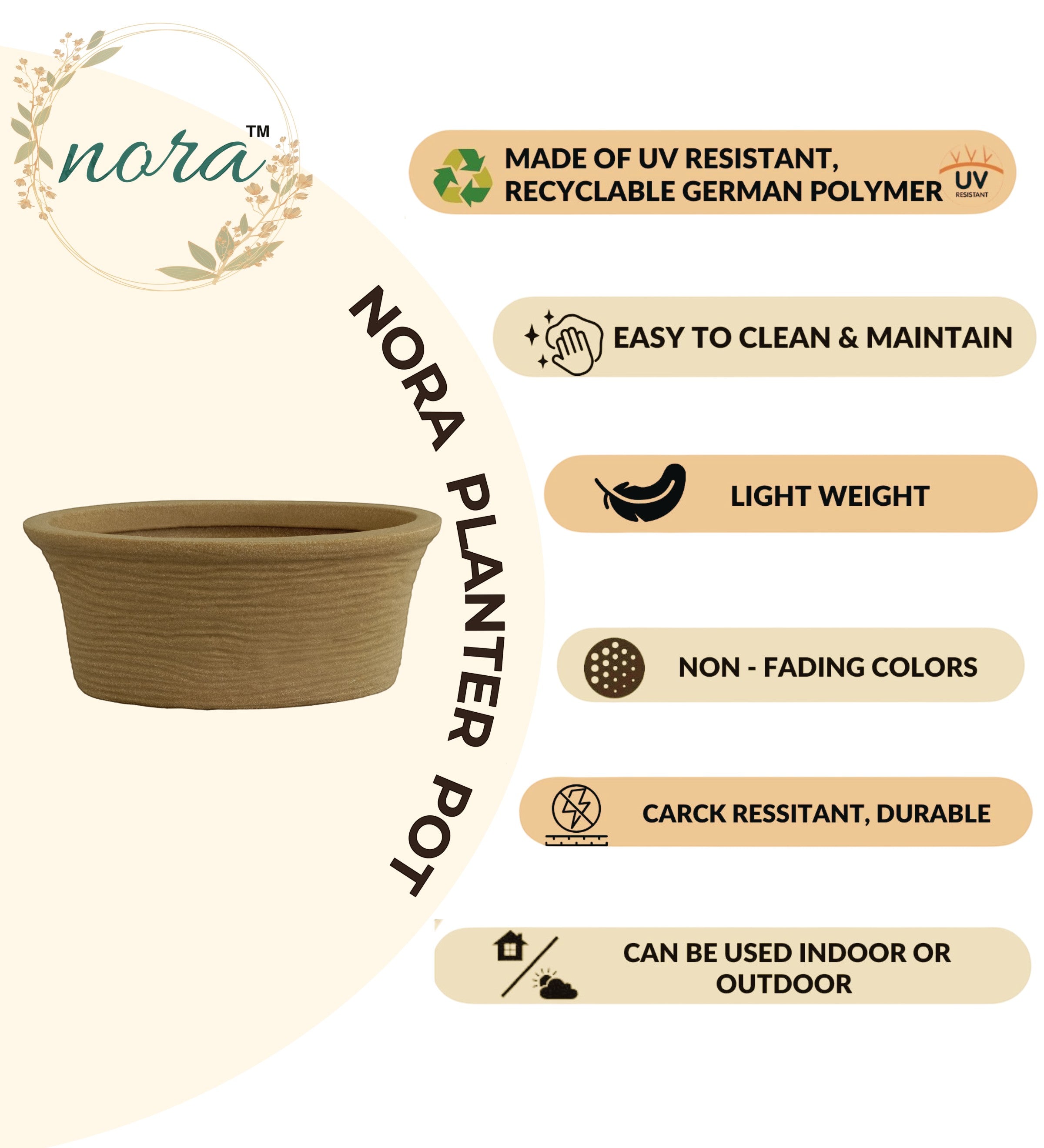 Nora Magnolia pot, a wide, shallow, textured brown planter made of durable, UV-resistant, lightweight polymer.