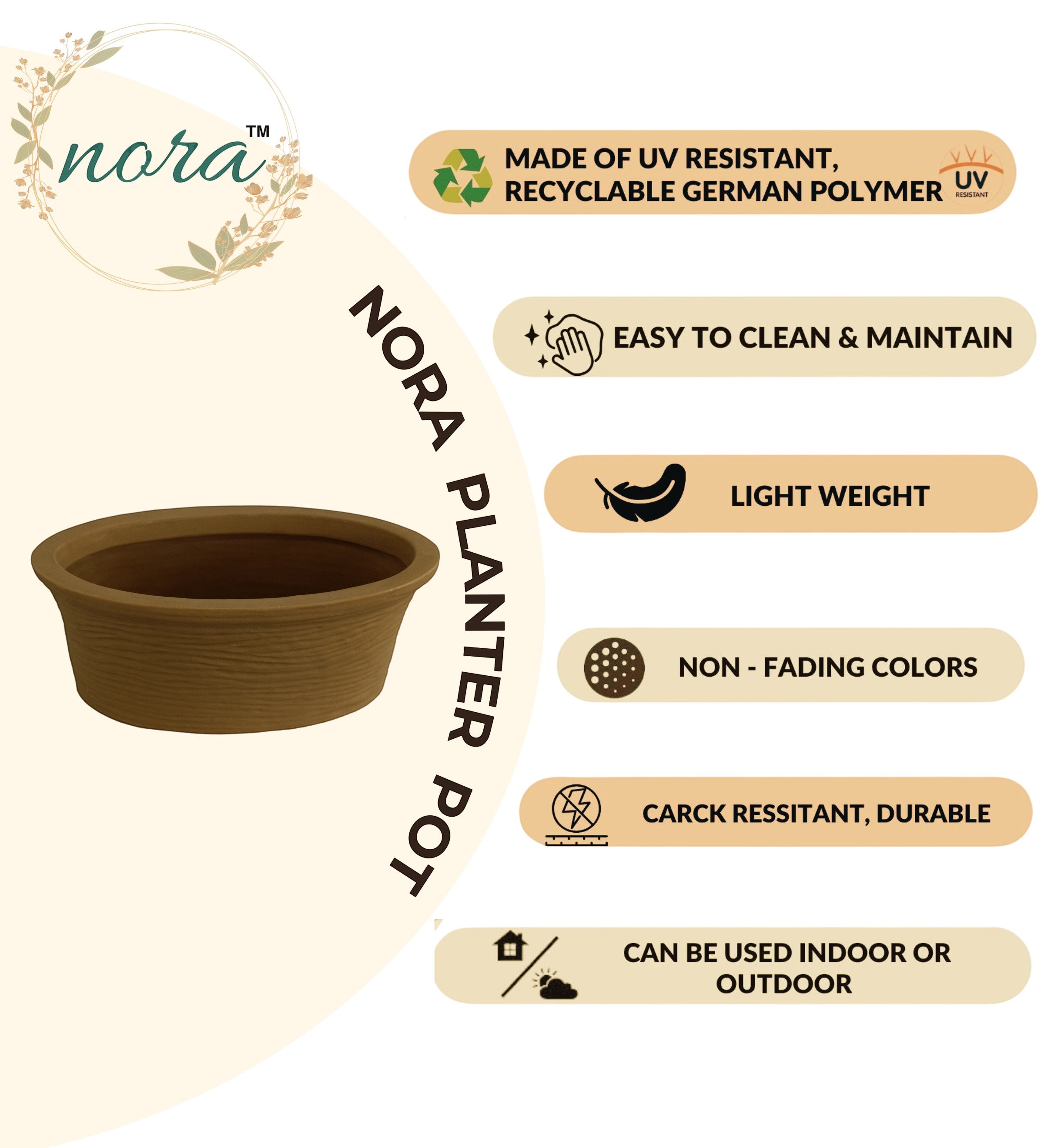 Nora Magnolia Pot, a brown roto molded planter pot , shallow, UV-resistant, and durable polymer planter for indoor or outdoor use.