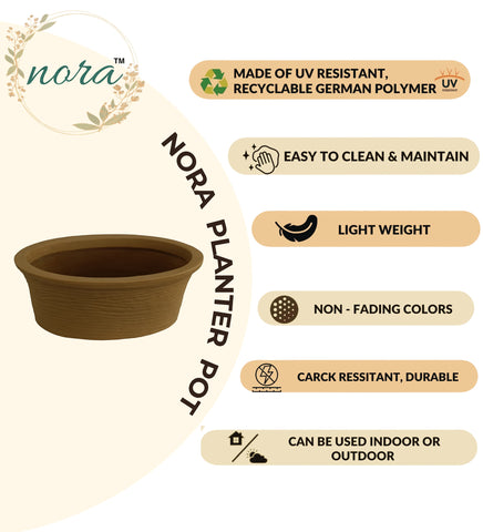 Nora Magnolia Pot, a brown roto molded planter pot , shallow, UV-resistant, and durable polymer planter for indoor or outdoor use.