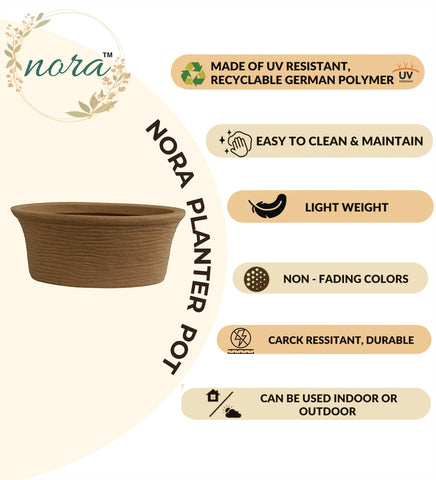 Nora Magnolia Pot, a brown, textured, UV-resistant, and durable lightweight roto molded  polymer planter for indoor or outdoor use.