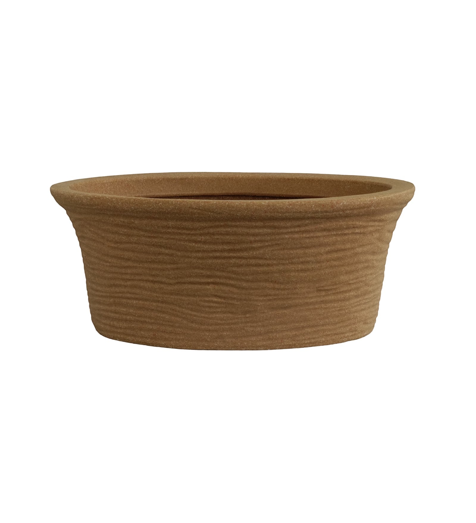 Nora Magnolia Pot in a brown earthy tone roto molded planter pot with a textured marble-like finish and wide shallow profile for plants.