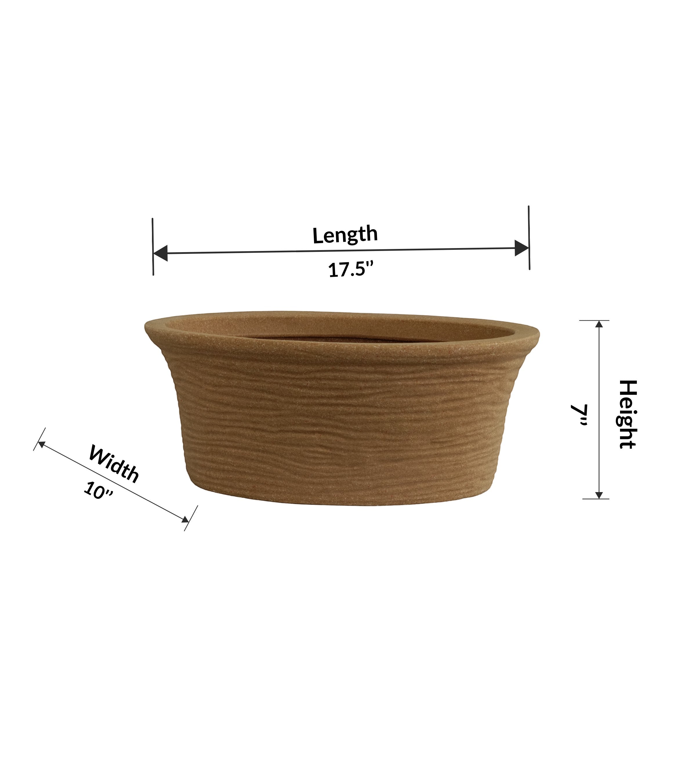 Nora Magnolia Pot, a shallow brown textured roto molded  planter with 17.5-inch length and 7-inch height for indoor or outdoor use.
