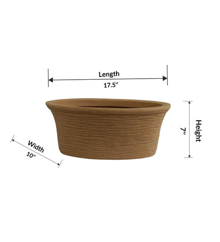 Nora Magnolia Pot, a shallow brown textured roto molded  planter with 17.5-inch length and 7-inch height for indoor or outdoor use.
