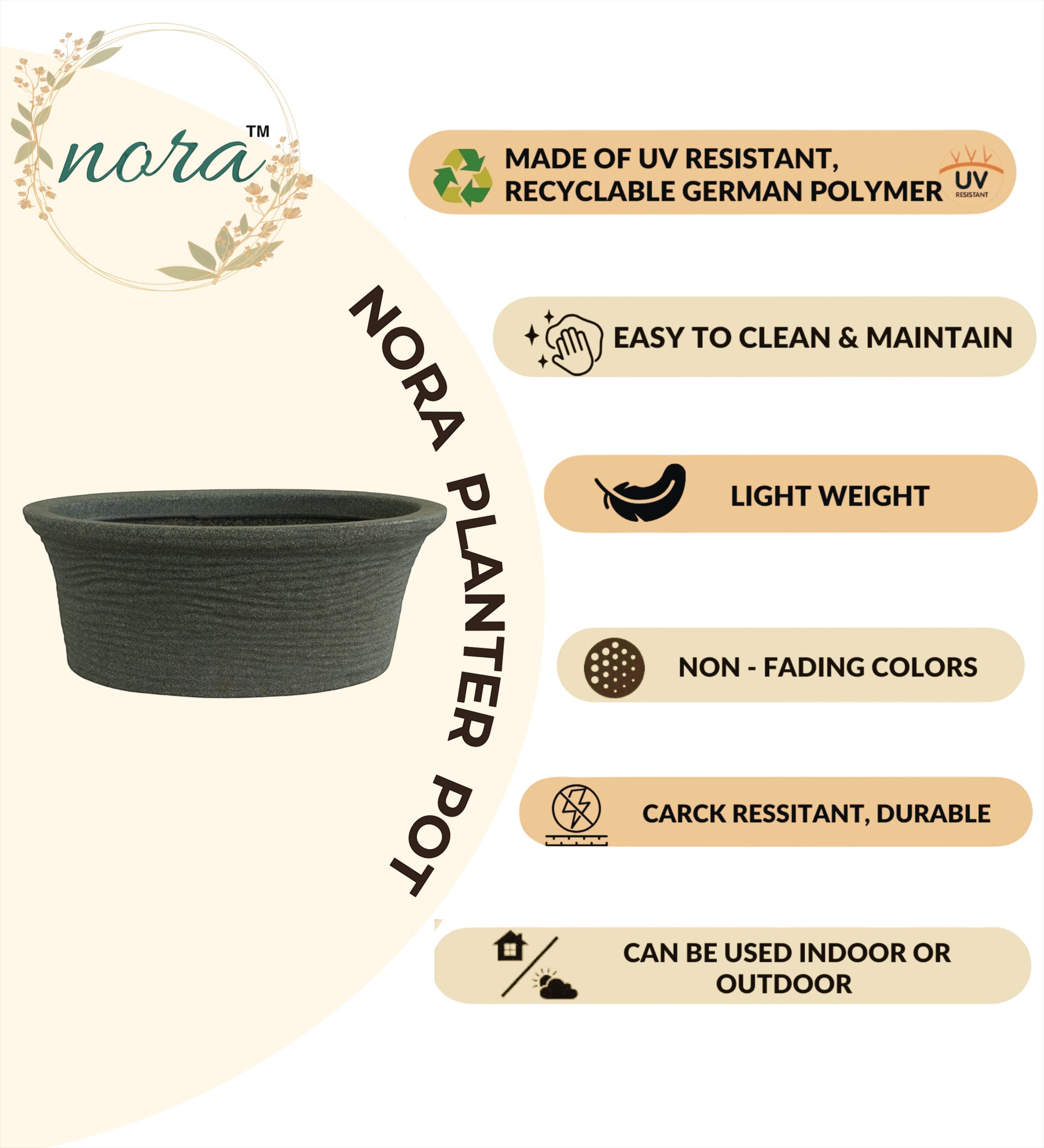 Nora Magnolia Pot, a dark grey, textured, shallow  roto molded marble look planter made of durable, UV-resistant, lightweight German polymer.