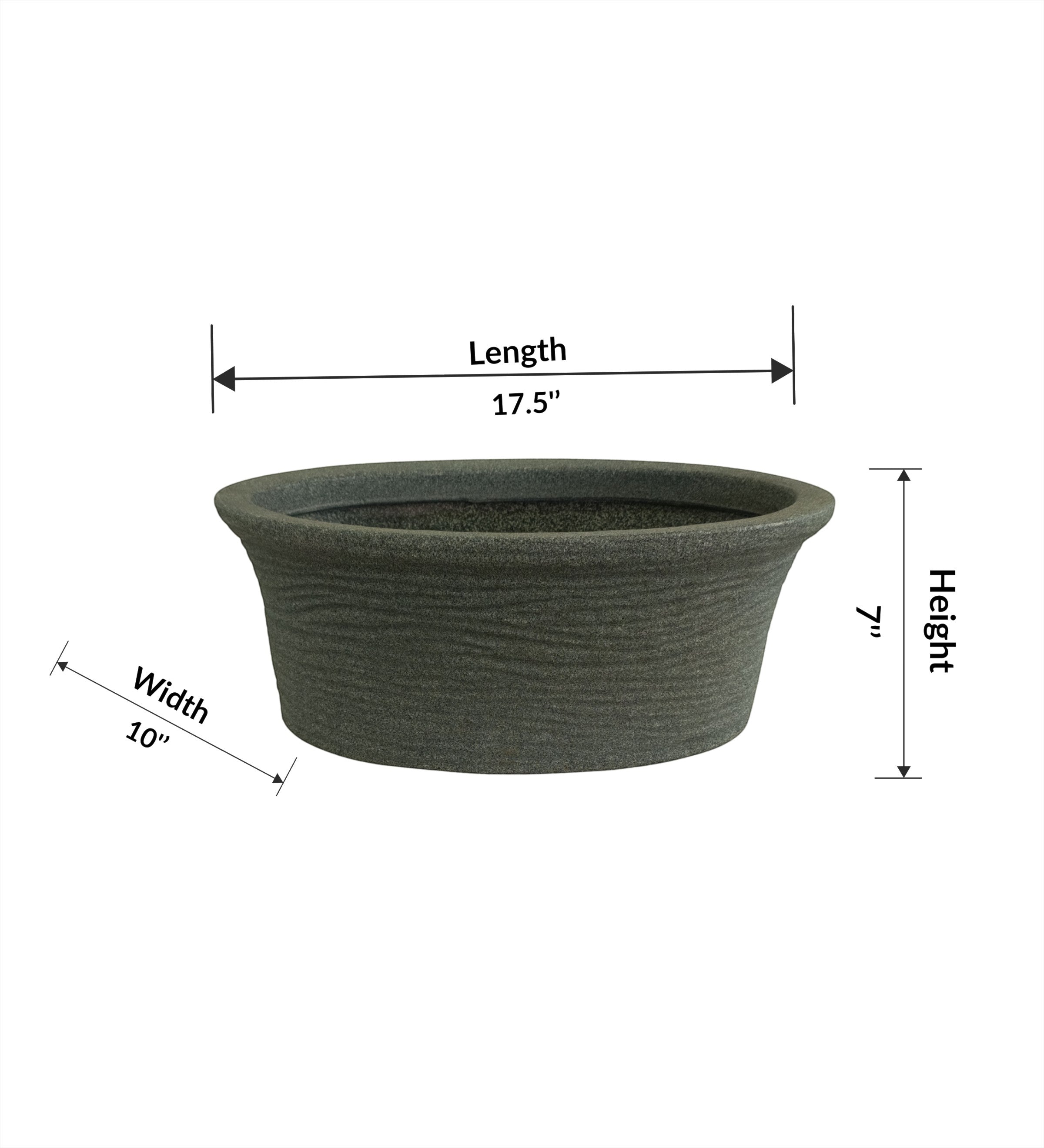 Nora Magnolia Pot, a wide shallow roto molded planter with a textured grey marble-like finish for indoor or outdoor gardening.