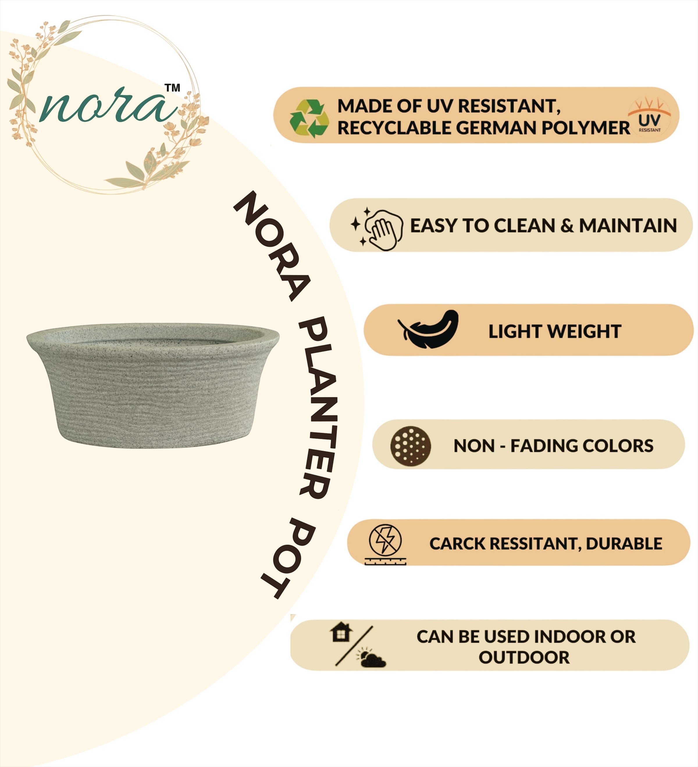 Nora Magnolia Pot in a grey textured stone finish roto molded planter pot , a durable and lightweight shallow planter for indoor or outdoor use.