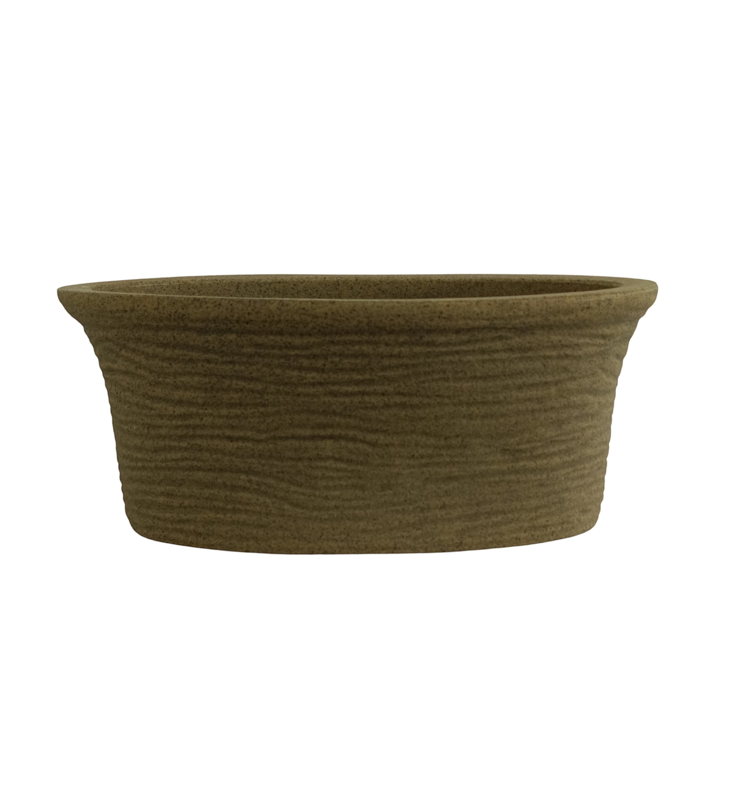 Nora Magnolia Pot in a shallow, earthy brown bowl shape   roto molded planter pot design with a textured, stone-like finish for indoor or outdoor use.