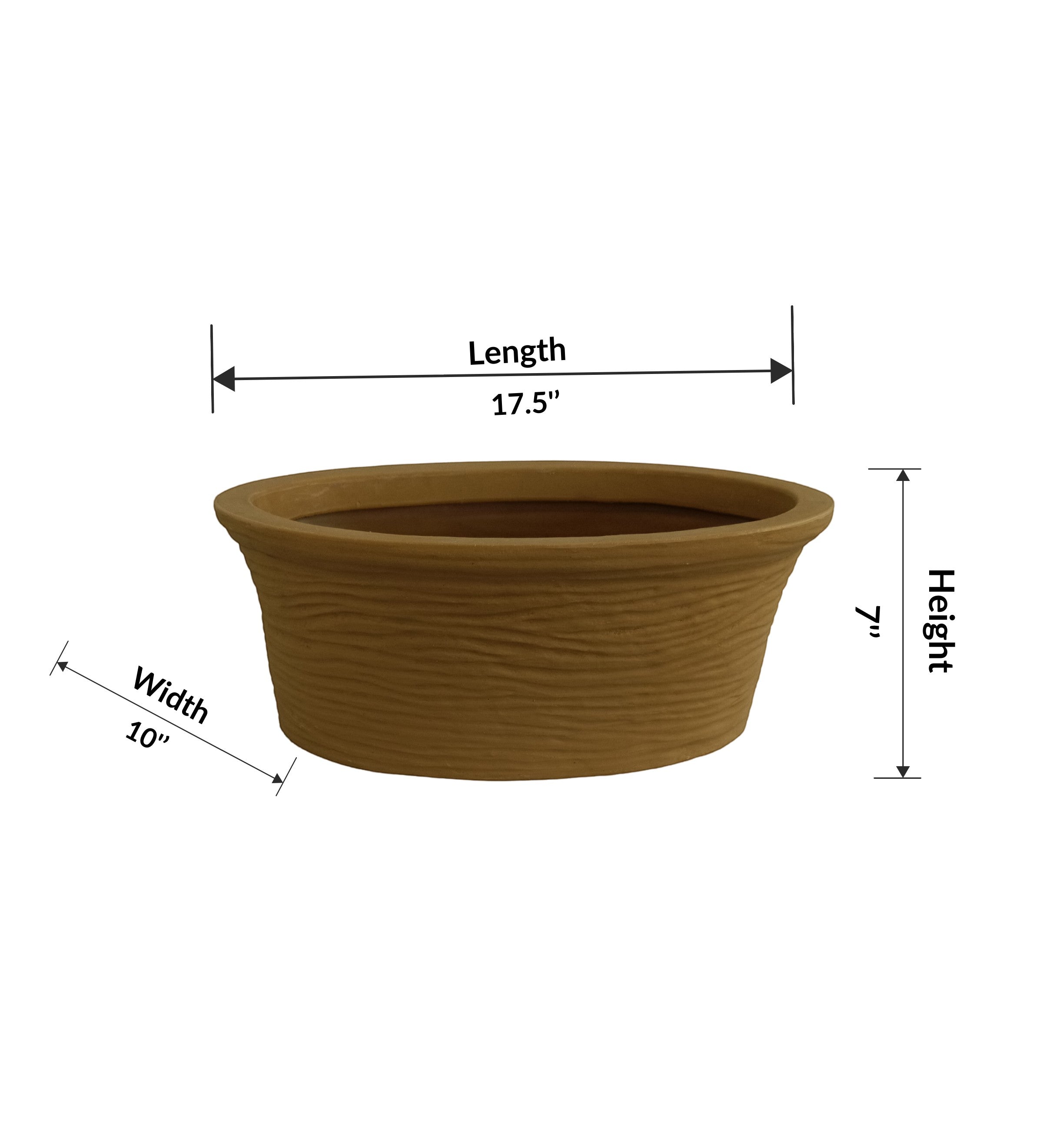 Nora Magnolia Pot in a shallow, oval shape  roto molded planter pot with a textured earthy brown finish and labeled dimensions for scale.
