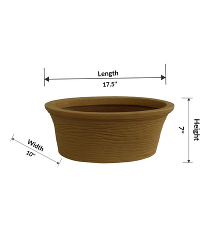 Nora Magnolia Pot in a shallow, oval shape  roto molded planter pot with a textured earthy brown finish and labeled dimensions for scale.