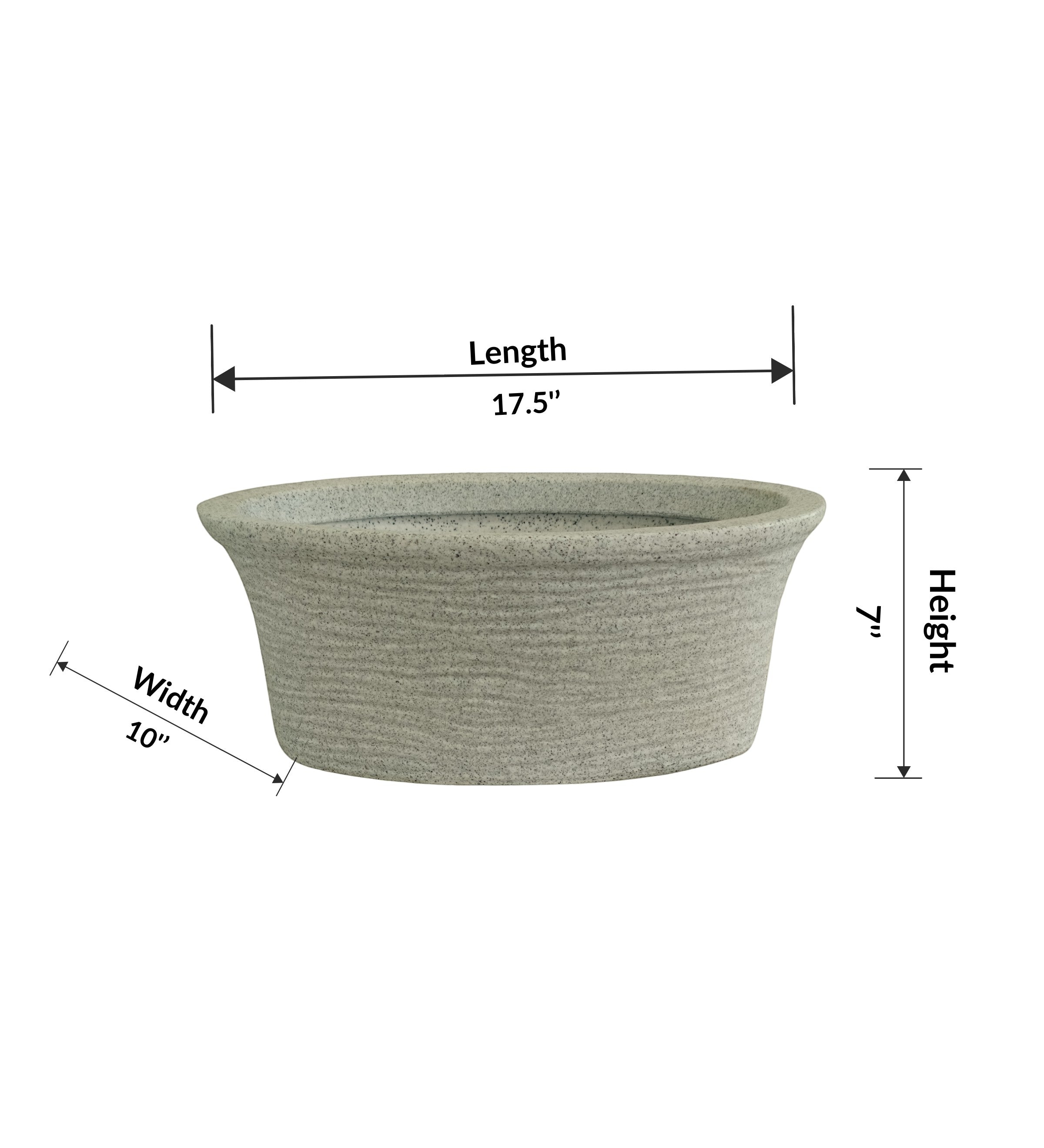 Nora Magnolia Pot with a textured stone finish roto molded planter pot, wide shallow profile for succulents, and labeled dimensions.