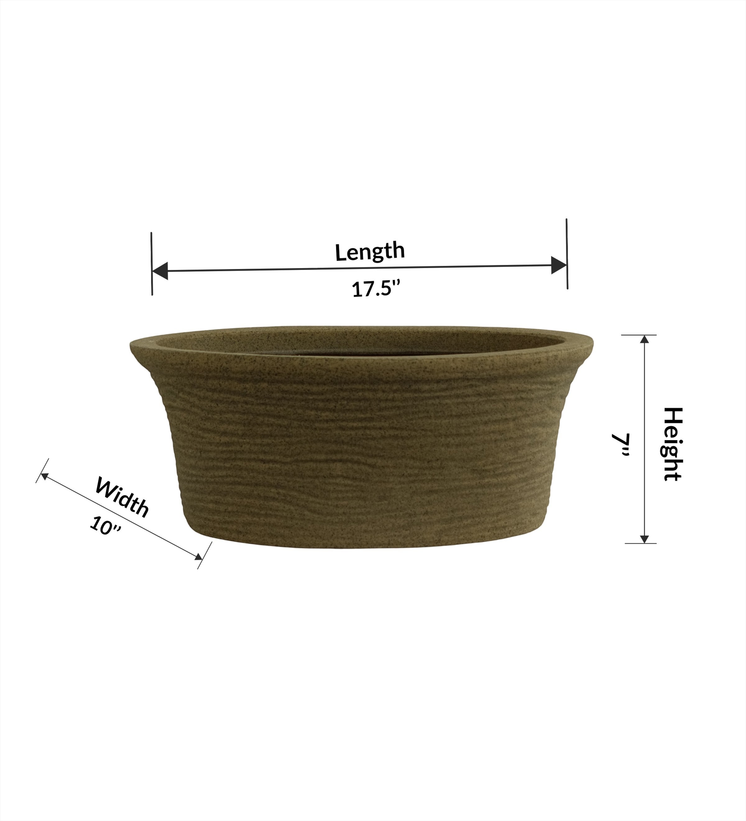Nora Magnolia Pot with textured brown finish roto molded planter pot , wide shallow profile for succulents, and labeled dimensions.