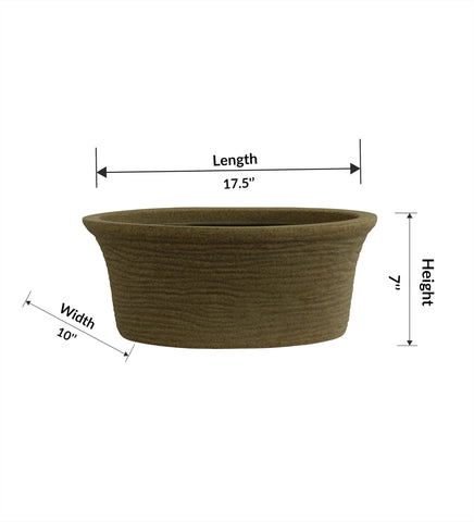 Nora Magnolia Pot with textured brown finish roto molded planter pot , wide shallow profile for succulents, and labeled dimensions.