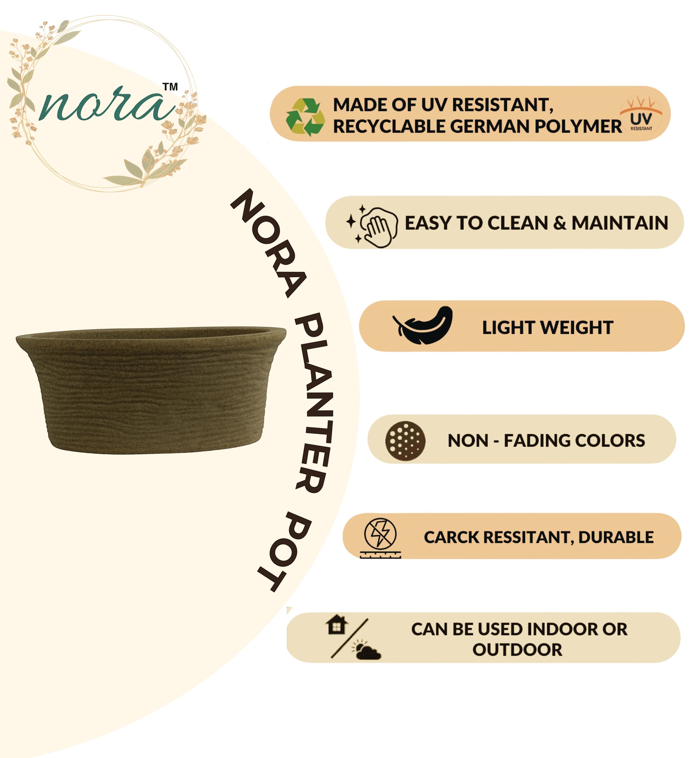 Nora Magnolia Pot, a durable, lightweight, UV-resistant brown planter with a textured, stone-like finish.