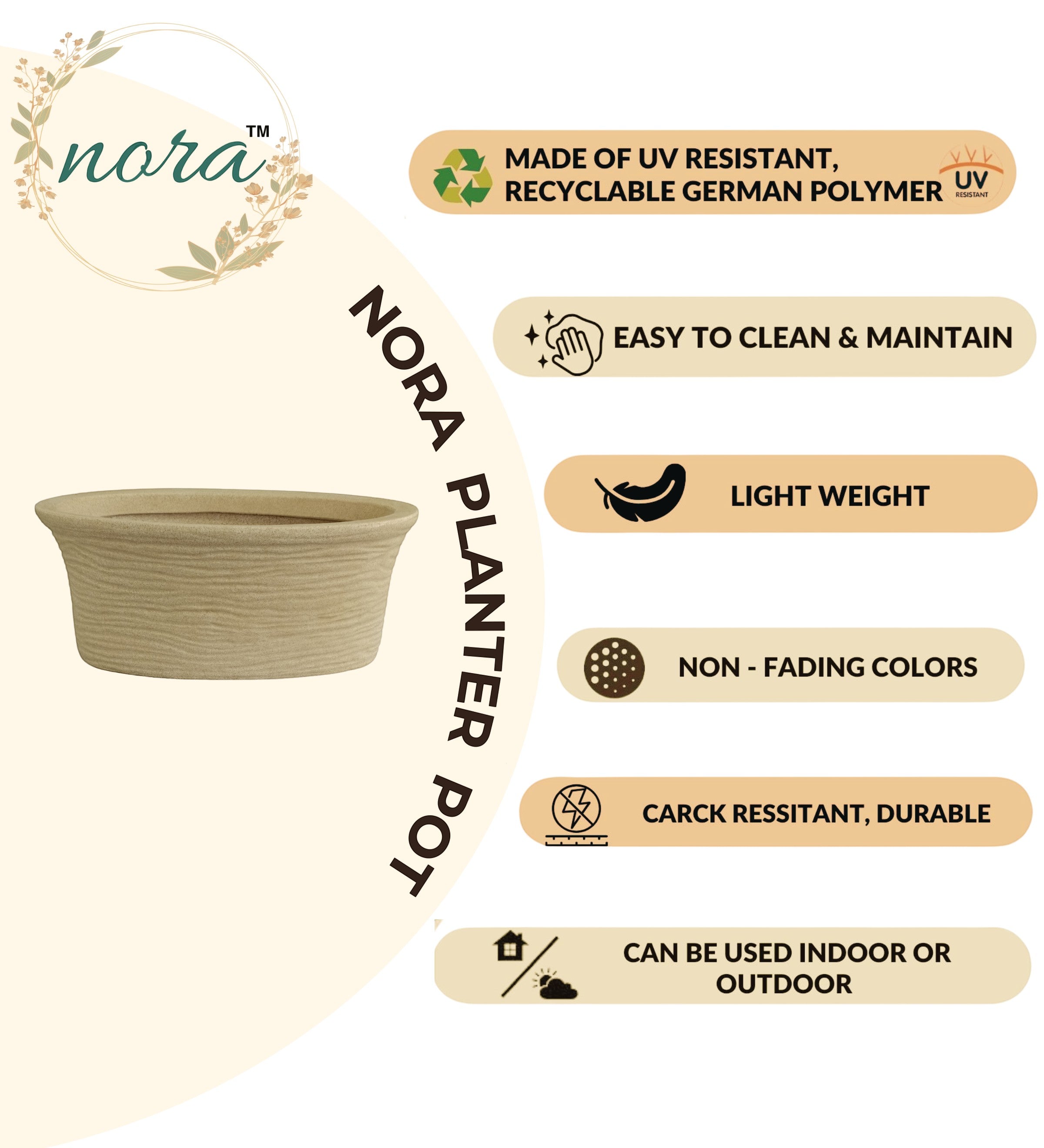 Nora Magnolia Pot, a beige textured roto molded planter made of durable UV-resistant polymer for indoor and outdoor use.