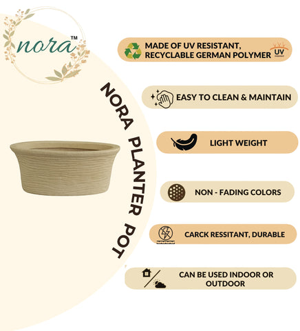 Nora Magnolia Pot, a beige textured roto molded planter made of durable UV-resistant polymer for indoor and outdoor use.