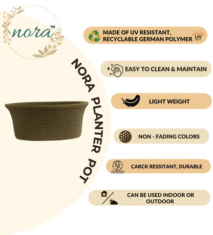 Nora Magnolia Pot, a durable, lightweight, UV-resistant brown planter with a textured, stone-like finish.