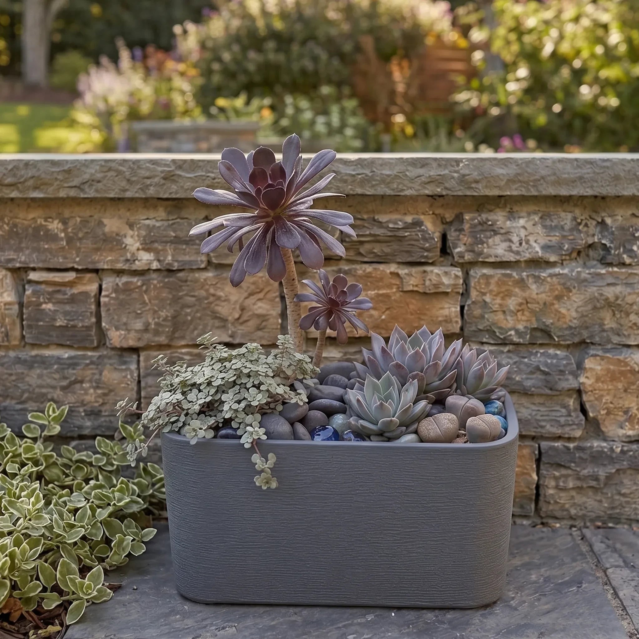 Nora 26-inch rectangular grey polymer planter with textured finish holding a succulent arrangement on a stone patio.