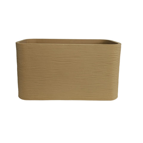 Nora 26-inch rectangular planter with a textured stone-look finish in a neutral beige tone for modern decor.