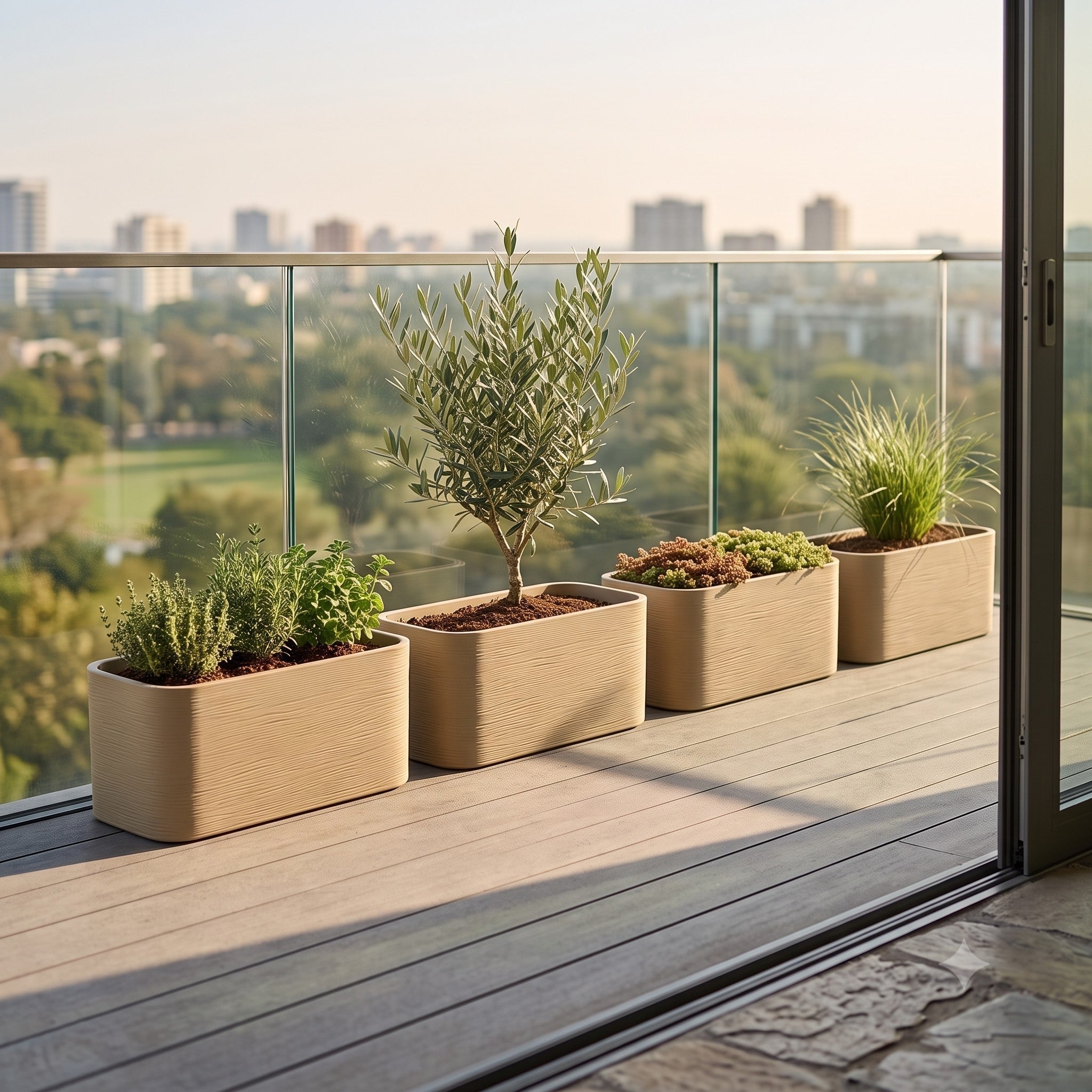 Nora 26-inch rectangular planters with textured stone finish holding various plants on a modern balcony terrace.