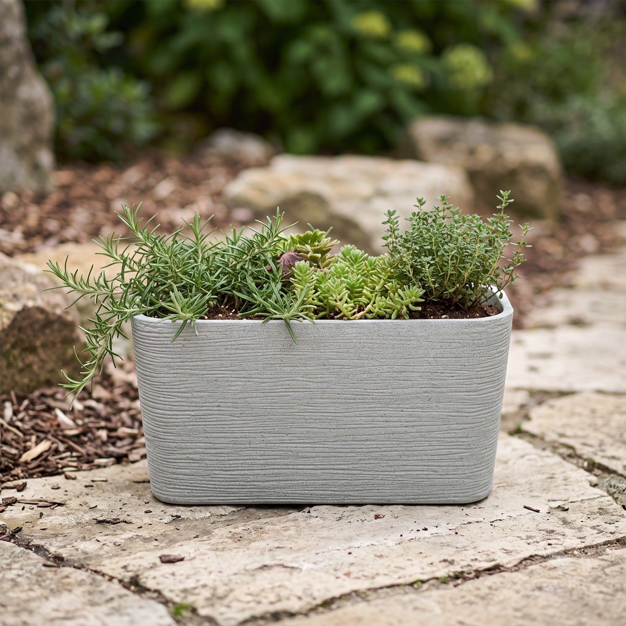 Nora 26-inch grey rectangular planter with a textured stone finish, filled with green herbs on a stone patio.