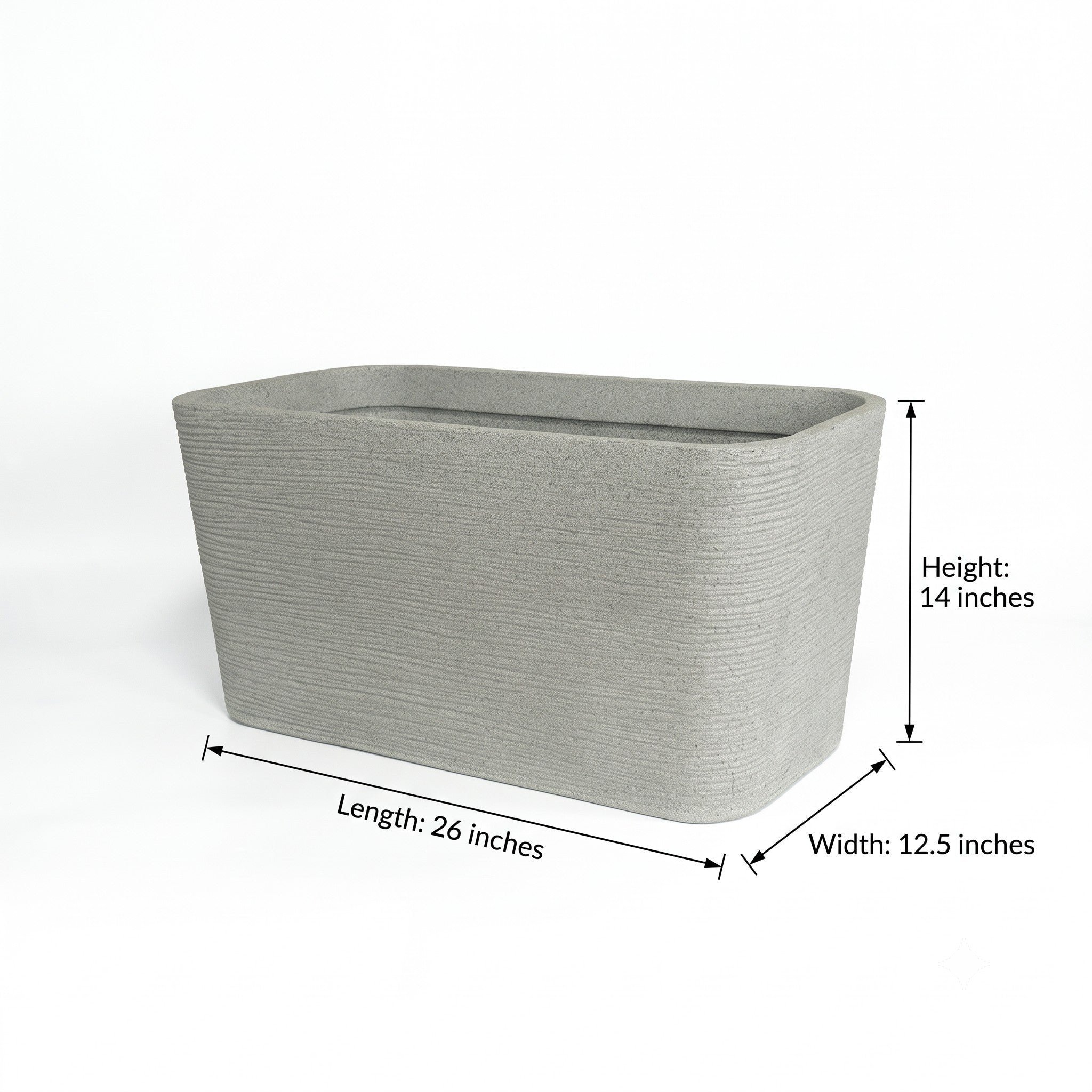 Nora 26-inch grey rectangular planter with a textured stone finish, ideal for modern outdoor garden decor.