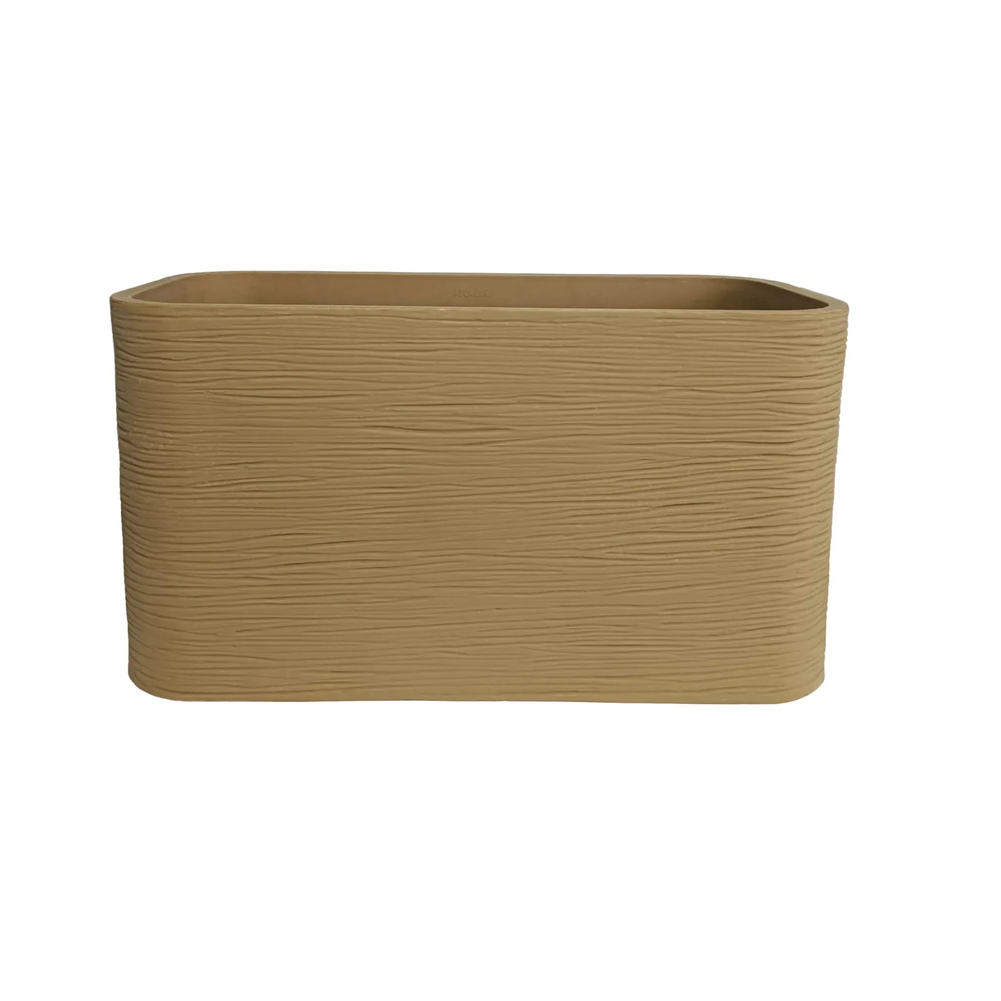 Nora 26-inch rectangular planter in a tan textured stone finish, made from durable, weather-resistant polymer.