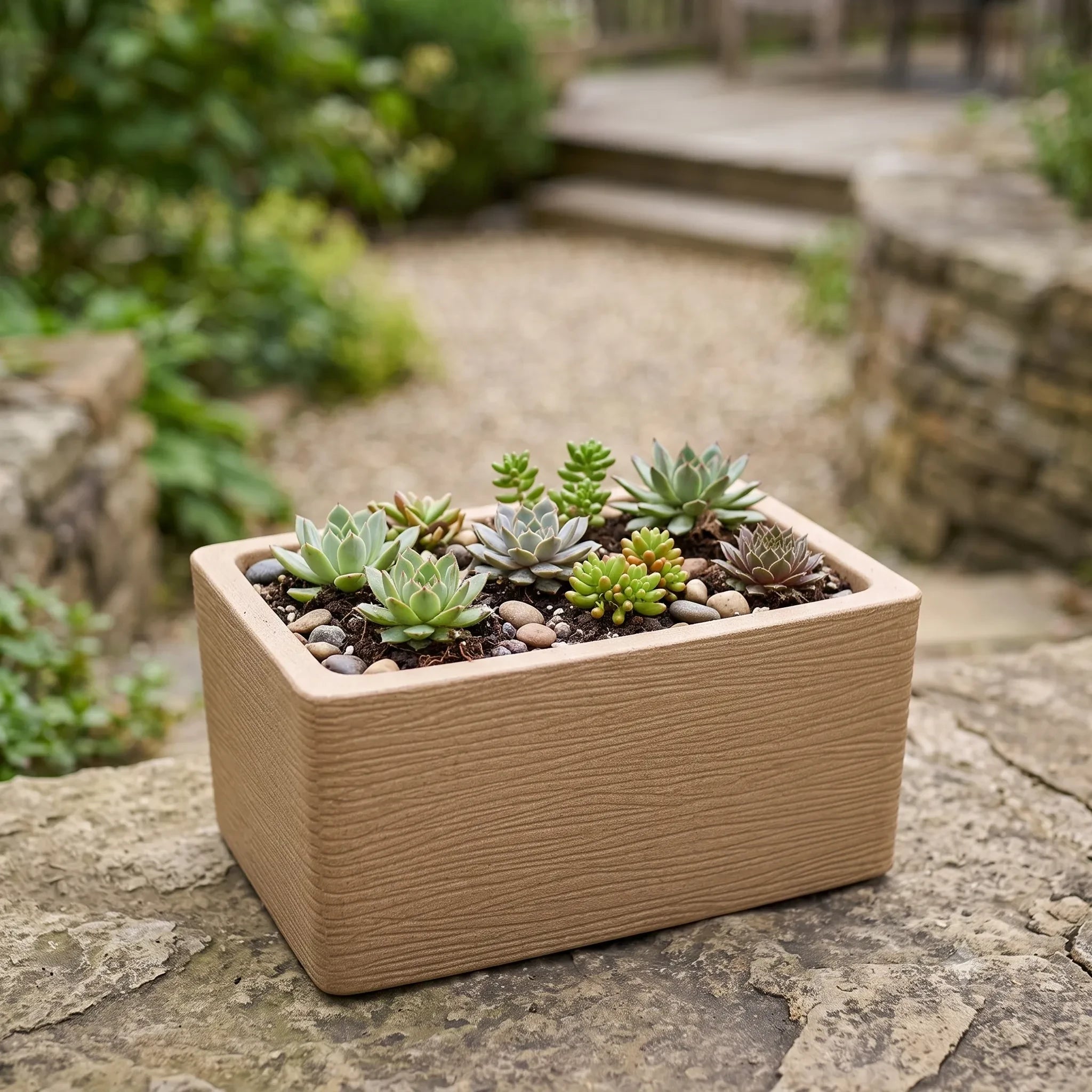 Nora 20-inch rectangular planter with a textured stone finish, filled with assorted succulents on a stone patio.