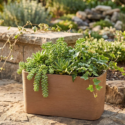 Nora 26-inch rectangular planter with a textured stone finish, filled with lush green succulents and trailing ivy.