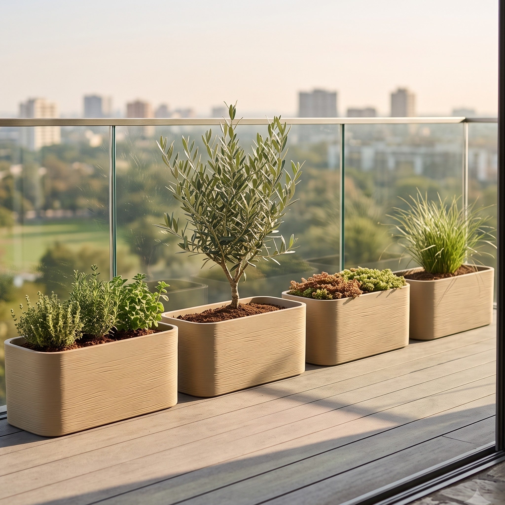 Nora 26-inch rectangular planters with textured stone finish holding various plants on a sunny balcony