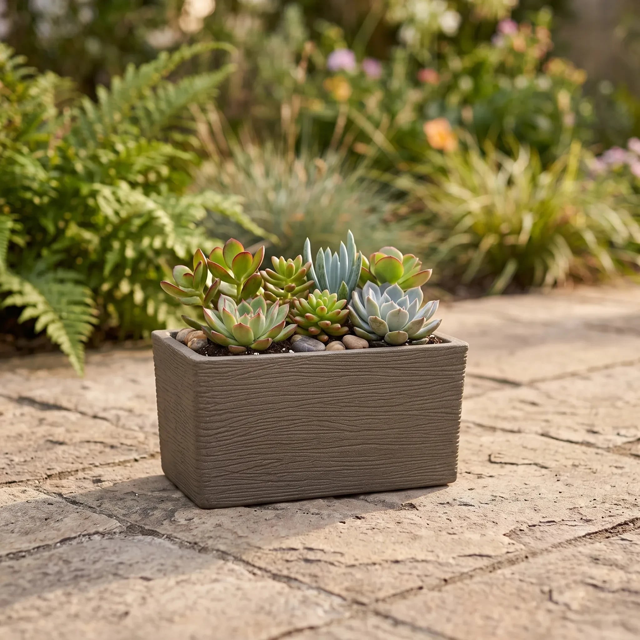 Nora 20-inch rectangle planter with a textured stone finish filled with various succulents on a stone patio.