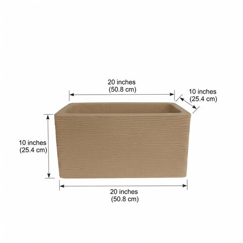 Nora 20-inch rectangular beige planter with a textured wood-grain finish for garden and home decor.
