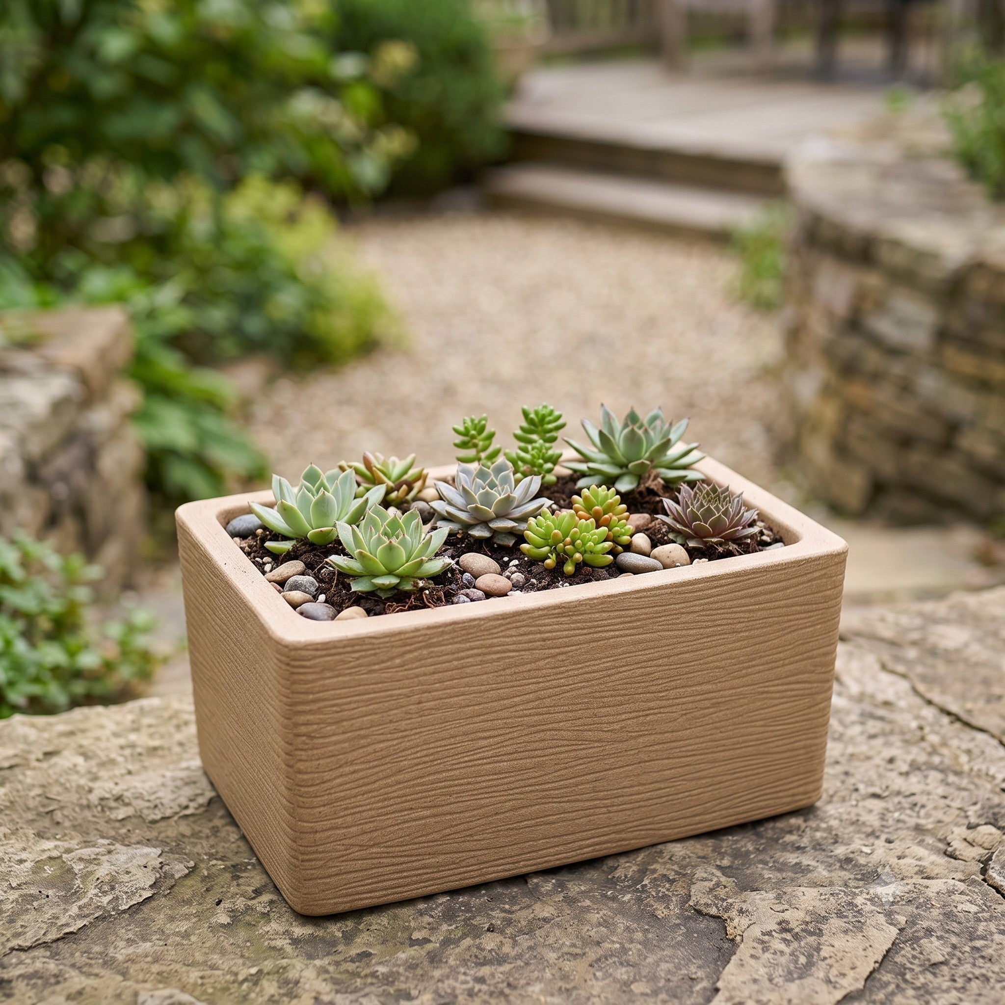 Nora 20-inch rectangular beige textured planter filled with various small succulents and decorative river stones.