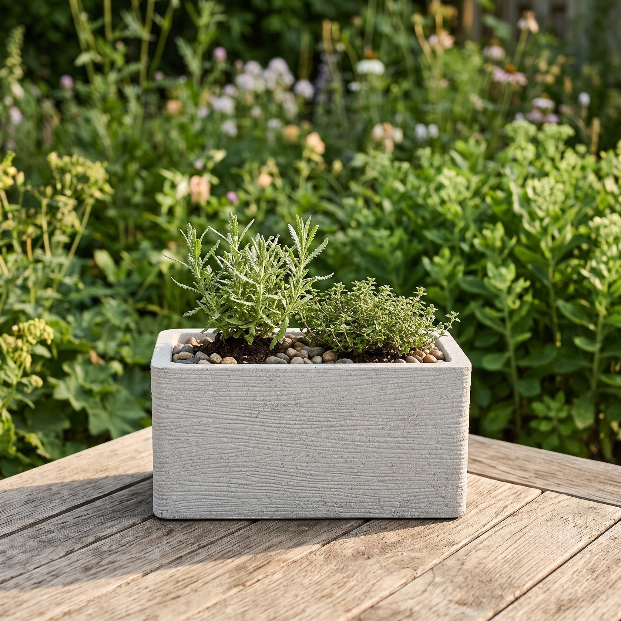 Nora 20-inch rectangular grey concrete planter with wood grain texture, holding small herbs on a wooden table.