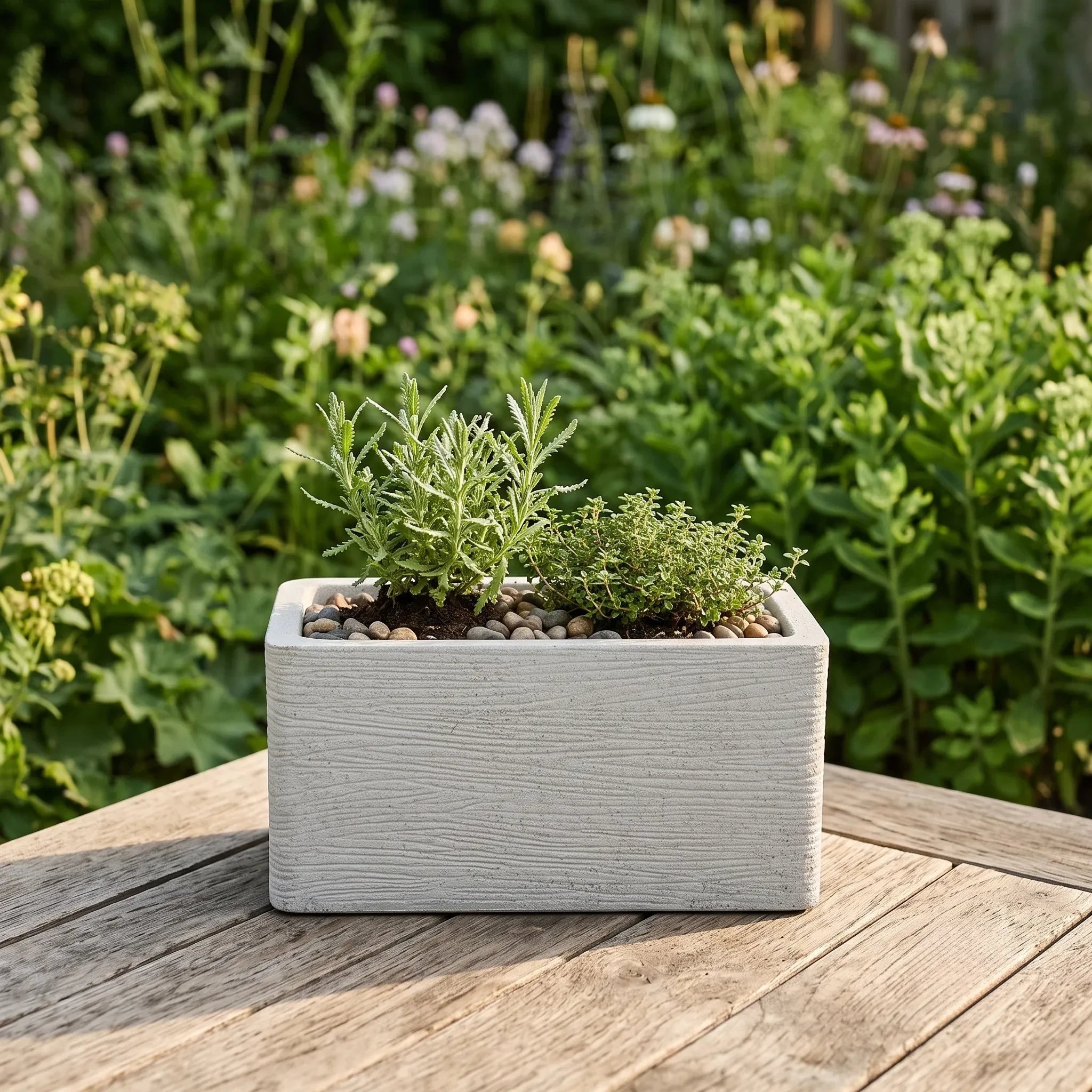 Nora 20-inch rectangular planter with a textured stone finish, holding green herbs on a wooden outdoor table.