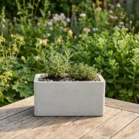 Nora 20-inch rectangular planter with a textured stone finish, holding green herbs on a wooden outdoor table.