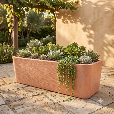 Nora 36-inch rectangular terracotta-colored planter filled with various green succulents on a stone patio