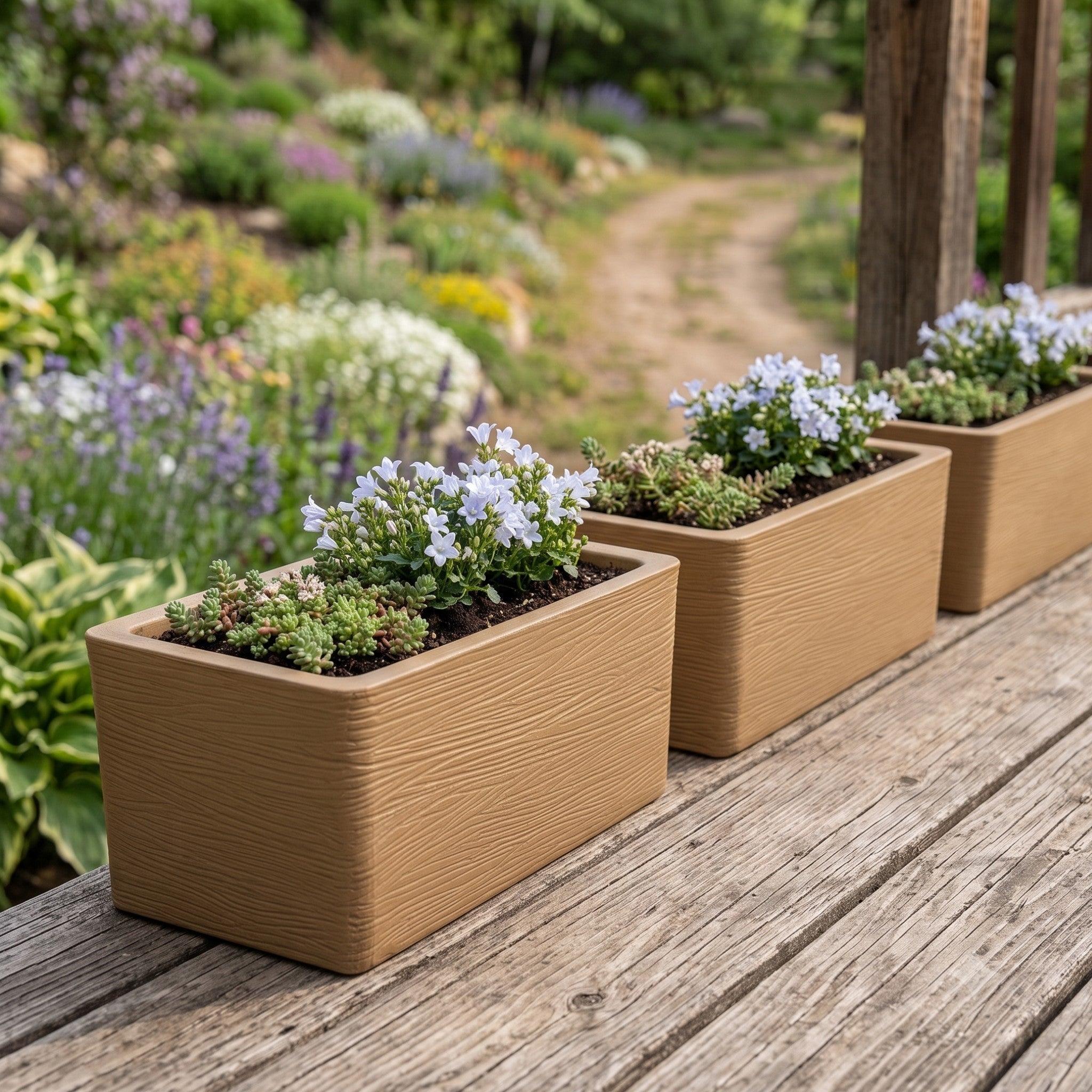 Nora 20-inch rectangular tan planters with wood grain texture, filled with small white flowers on a wooden deck.