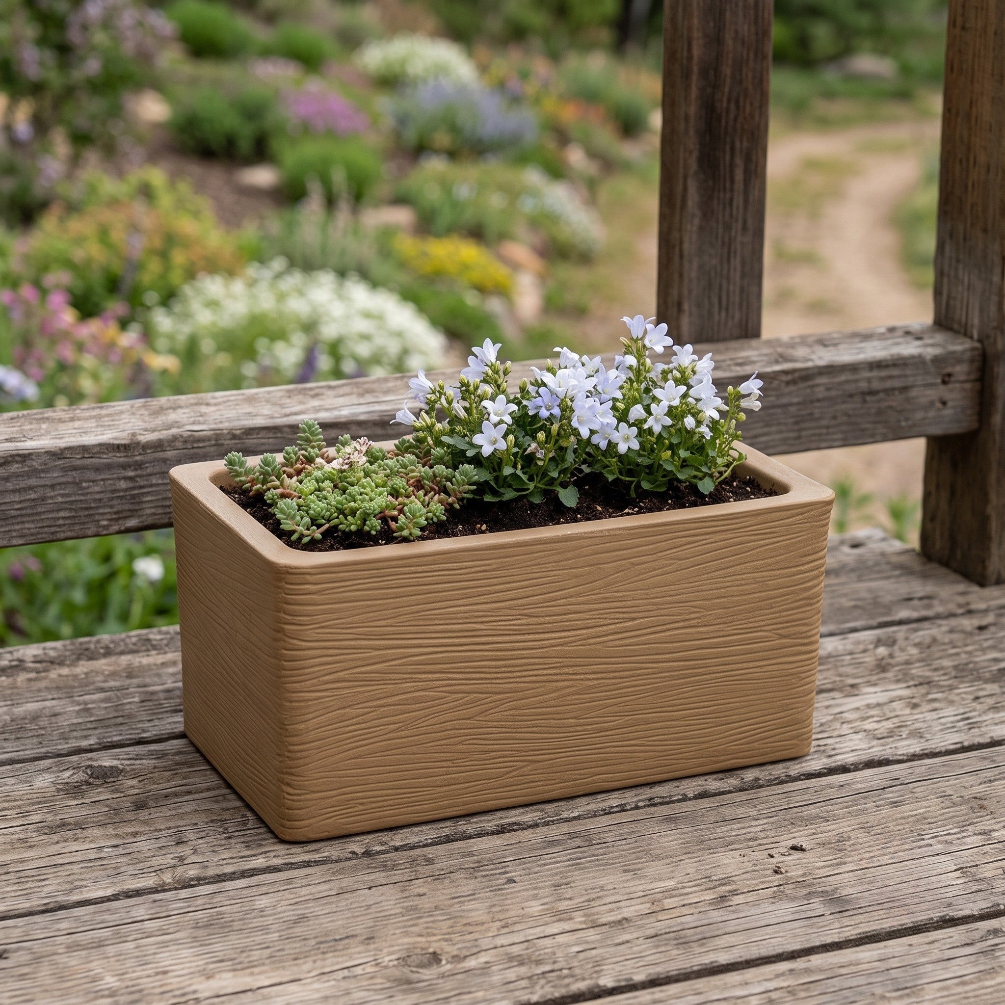 Nora 20-inch rectangular tan planter with wood-grain texture, holding small white flowers and succulents on a deck.