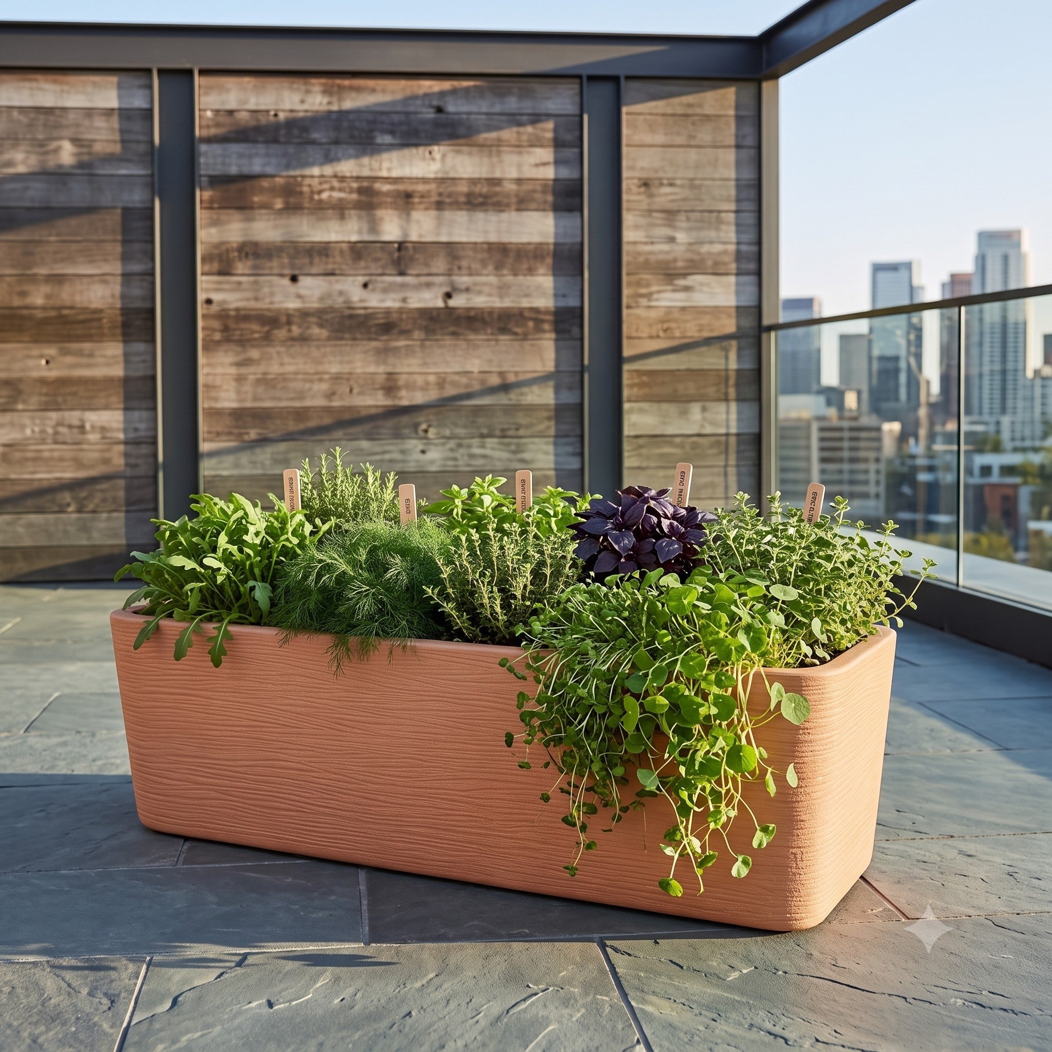 Nora 36-inch rectangular terracotta-colored planter filled with various fresh herbs on a modern rooftop terrace.